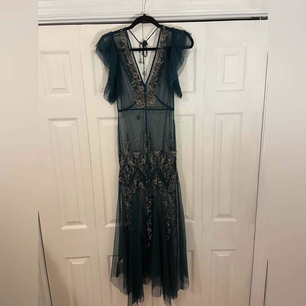 Free People: Beautiful gold embellished green dress